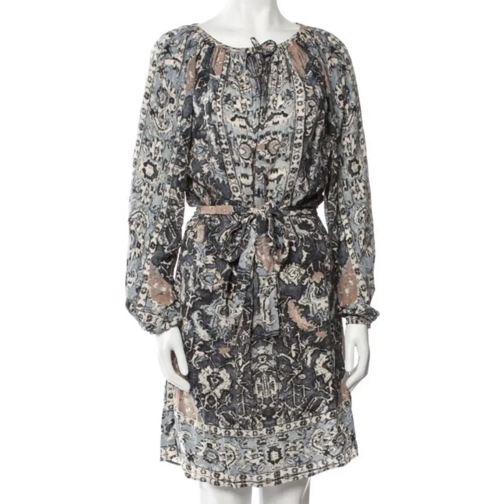 Mes Demoiselles Verdi 100% Silk Vintage Rug Print Belted Dress 38 US 6